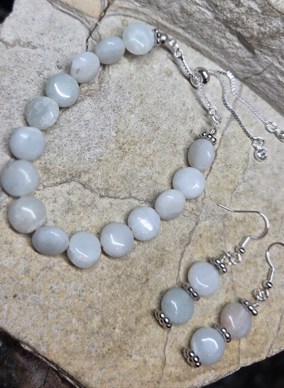 Amazonite Bead Bracelet and Earrings Set - Pale Blue Gemstone Jewelry